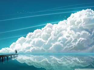 silhouette of person standing on dock in front of clouds, drawing, clouds