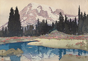 lake near woods across mountain painting, Yoshida Hiroshi, artwork, Japanese, painting