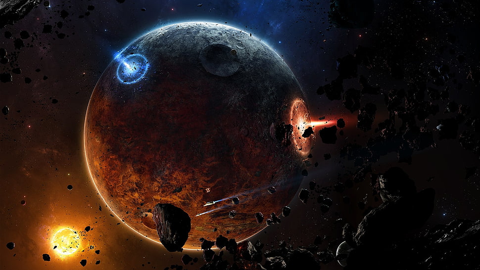 planet with two explosion wallpaper HD wallpaper