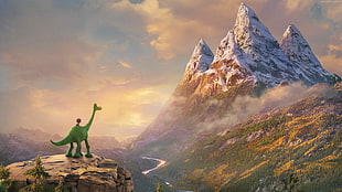 green dinosaur and mountain illustration