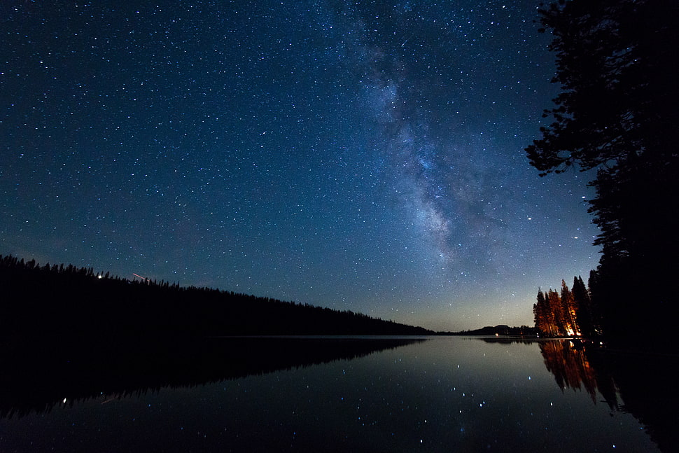 landscape of river, Starry sky, Night, Stars HD wallpaper