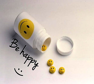 white plastic bottle with be happy text overlay, happy HD wallpaper
