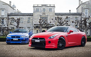 red and blue coupes, car, Japanese cars, Nissan, Nissan GT-R