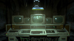 white vintage computer lot, cyberpunk, video games, Dark Cyberpunk HD wallpaper