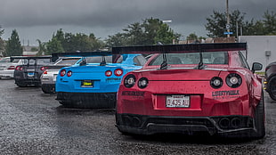 red car, Nissan GT-R R35, Nissan, Japanese cars, rain