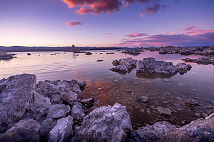 rock formations surrounded by body of water, water, reflection, rocks, clouds