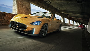 yellow Maserati coupe, 3D, Maserati, digital art, yellow cars