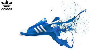 unpaired blue and white adidas low-top sneaker, Adidas, shoes, paint splatter HD wallpaper