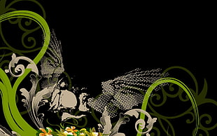 green, white, and black floral graphical image