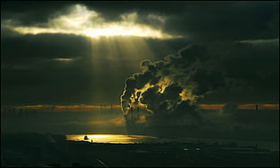 gloomy sky during golden hour, smoke, Netherlands, sunbeams, clouds HD wallpaper
