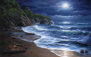 ocean water near mountain during full moon illustration