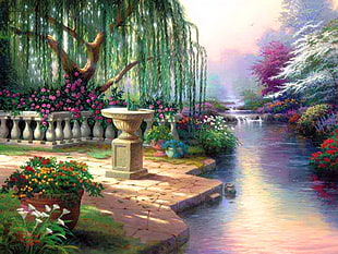 trees, planter and flowers beside river painting