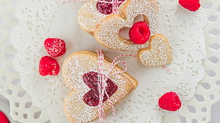 two heart-shaped breads, cookies, heart, raspberries, food HD wallpaper