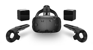 black HTC VR gear with controllers