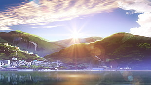 green mountain, Nagi no Asukara, landscape, lens flare, anime HD wallpaper