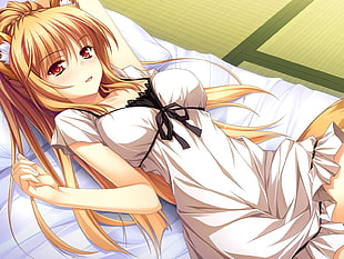 blond female anime character lying on bed HD wallpaper