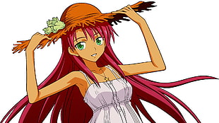 red haired female anime character wearing orange hat and white dress