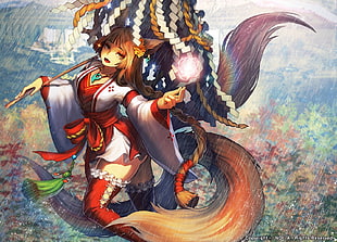 nine-tailed fox character digital wallpaper, animal ears, tail, rain, original characters