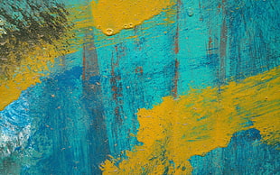 yellow, blue, and teal abstract painting ahead