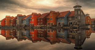 red and black wooden house, house, lake, reflection, architecture