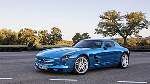blue Mercedes-Benz AMG coupe, Mercedes SLS, car