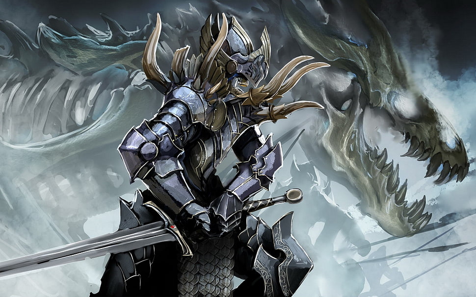 person wearing armor digital wallpaper, skeleton, fantasy art HD wallpaper