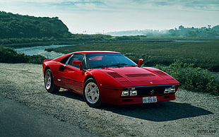 red coupe, car, red, Ferrari, landscape