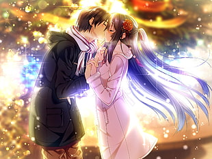 male and female anime characters illustration, kissing, couple