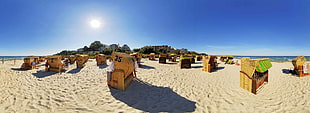 panorama photography brown wooden stall on beach, beach