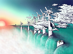 green and white tree painting, artwork, wind turbine, clouds, Sun