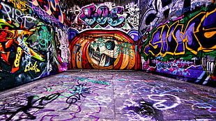 multicolored murals, graffiti