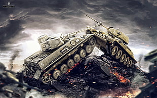 graphic two fighting war tanks under gloomy clouds wallpaper