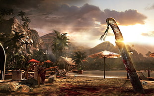 sword beside chair and parasol near mountain
