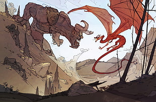 red dragon illustration, artwork, dragon HD wallpaper