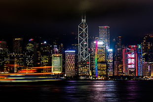 city skyline, Hong kong, Skyscrapers, Night