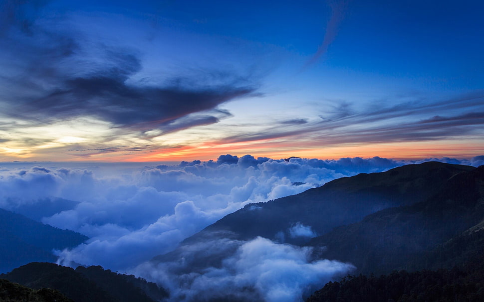 ocean of clouds, mountains, clouds, sunset, sky HD wallpaper