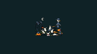 rabbits eating carrots with scarecrow wallpaper, Halloween, minimalism