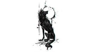 black wolf illustration, wolf, traditional art, abstract, white background