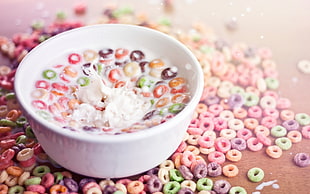 assorted color fruit loops cereal with milk and bowl HD wallpaper