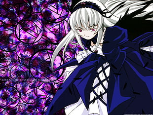 white haired woman in blue dress anime character digital wallpaper