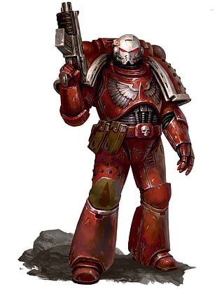 person wearing red steel suit holding rifle illustration, space marines, Warhammer 40,000, WH40K