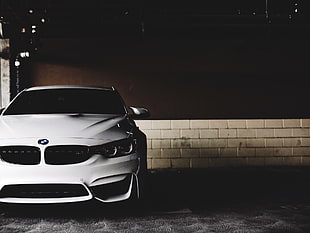 white BMW car, Car, Front view, Lights