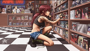 red haired girl anime choosing a book illustration
