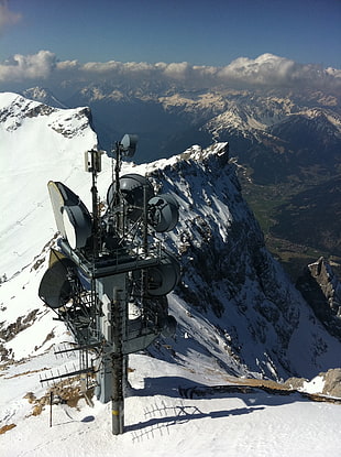 grey satellite dish, antenna, mountains, snow