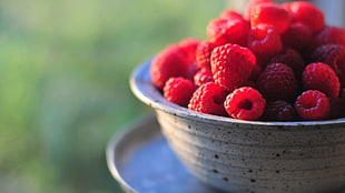 red berries in gray steel plate, raspberries, food