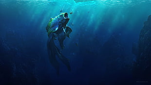 blue and green fish, Desktopography, fish, water, digital art