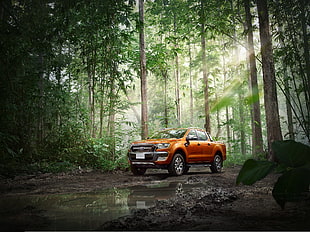 orange Ford Ranger crew cab pickup truck parked on forest during daytime