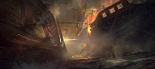 burning ship digital wallpaper, fantasy art, artwork, pirates, ship HD wallpaper