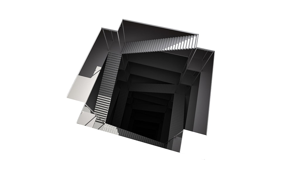 black wooden 3-layer shelf, render, CGI, abstract, stairs HD wallpaper