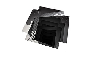 black wooden 3-layer shelf, render, CGI, abstract, stairs